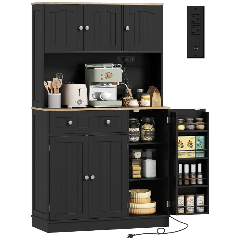 HOMCOM 68" Pantry Cabinet with Charging Station, Kitchen Storage Cabinet with Microwave Stand, 4 Door Racks, Black