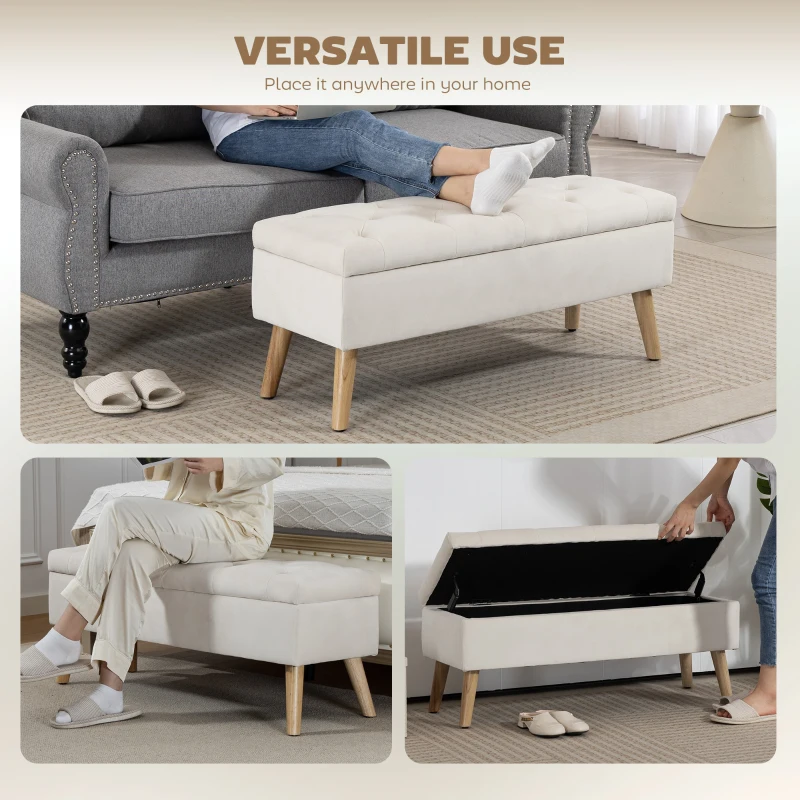 HOMCOM Storage Ottoman with Lid, Velvet Upholstered Storage Bench with Wood Legs for Living Room, Cream White