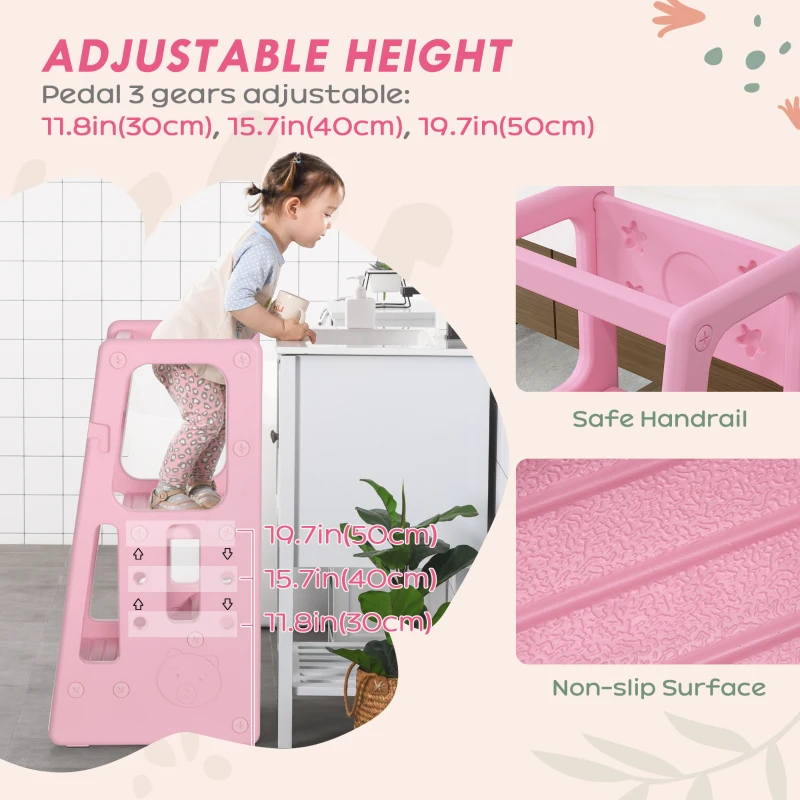 Qaba Toddler Kitchen Helper 2 Step Stool with Adjustable Height Platform and Safety Rail, Pink
