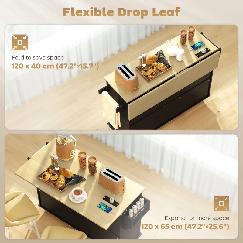 HOMCOM Kitchen Island Cart with Power Outlet & Drop Leaf, 55" Rolling Kitchen Island on Wheels with Storage, Black