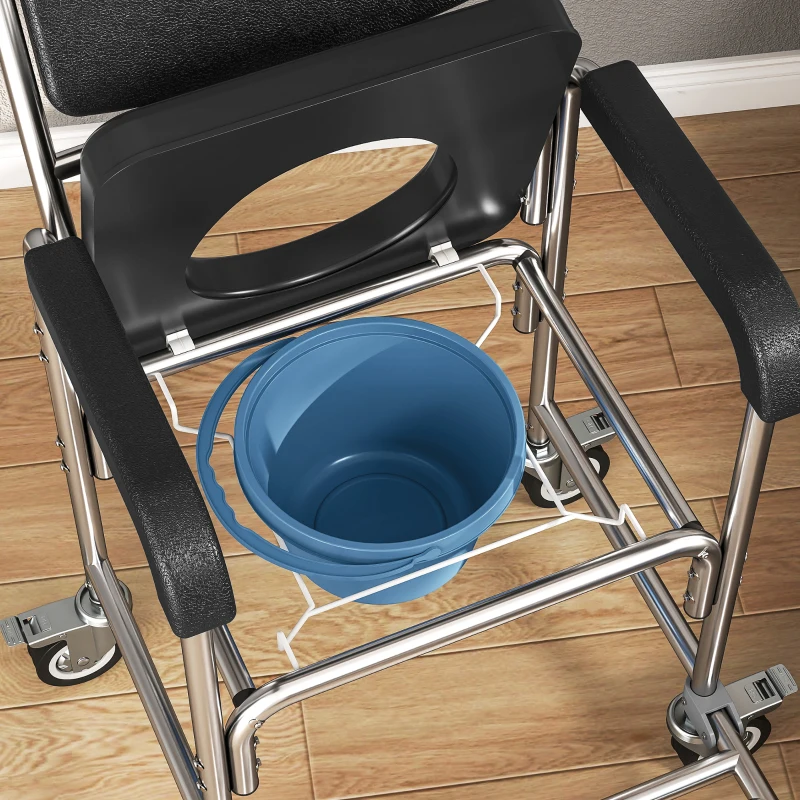 HOMCOM 3-in-1 Shower Commode Wheelchair, Transport Beside Commode Chair with Padded Seat for the Elderly, Disabled