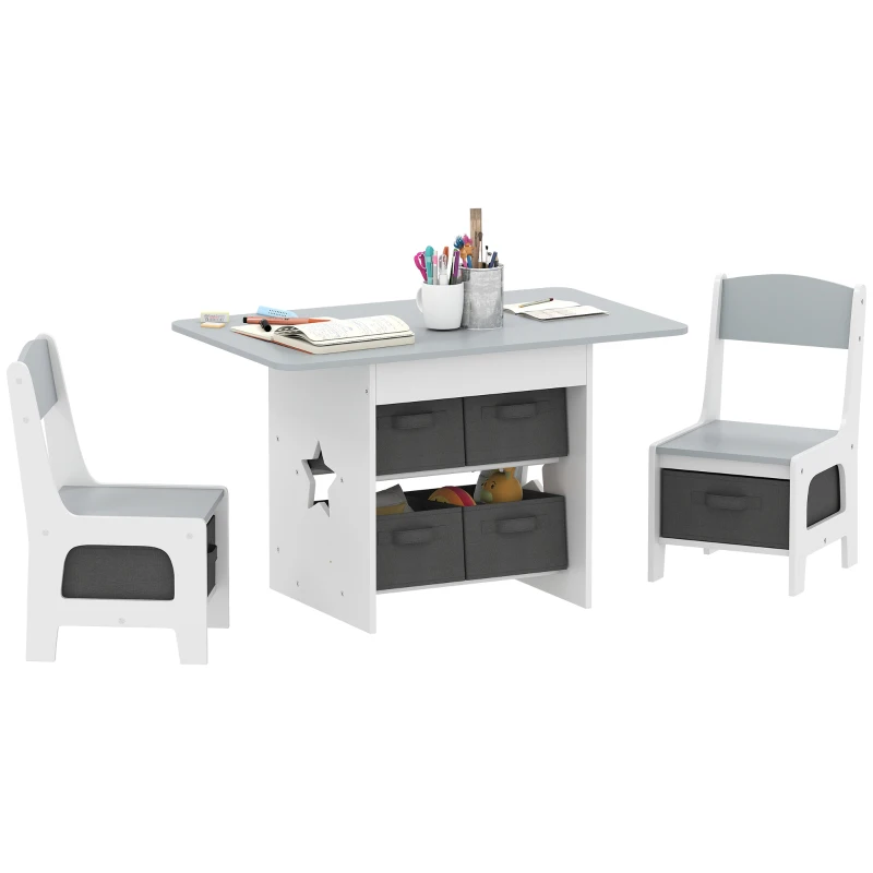 Qaba 3 Piece Kids Table and Chair Set with 6 Removable Drawers, for Classroom, Living Room, Bedroom, Nursery, Light Grey
