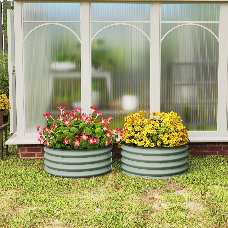 Outsunny Set of 2 Raised Garden Bed, Metal Planter Box with Safety Edging, Easy-to-assemble Stock Tank, Green