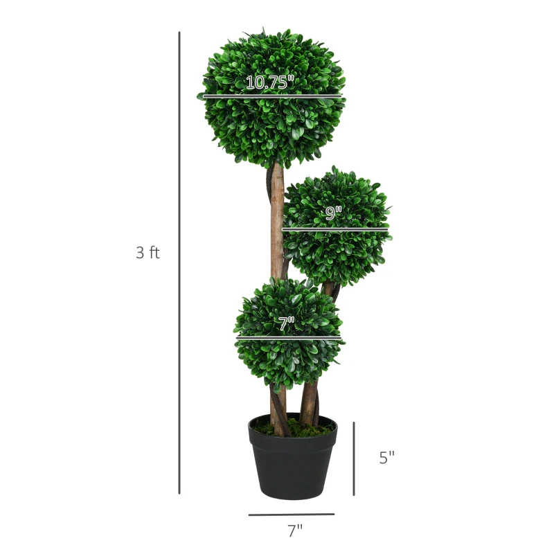 HOMCOM 3ft Artificial Tree, Triple Ball Boxwood Topiary with Pot and Sandalwood Leaves, for Indoor Outdoor Home