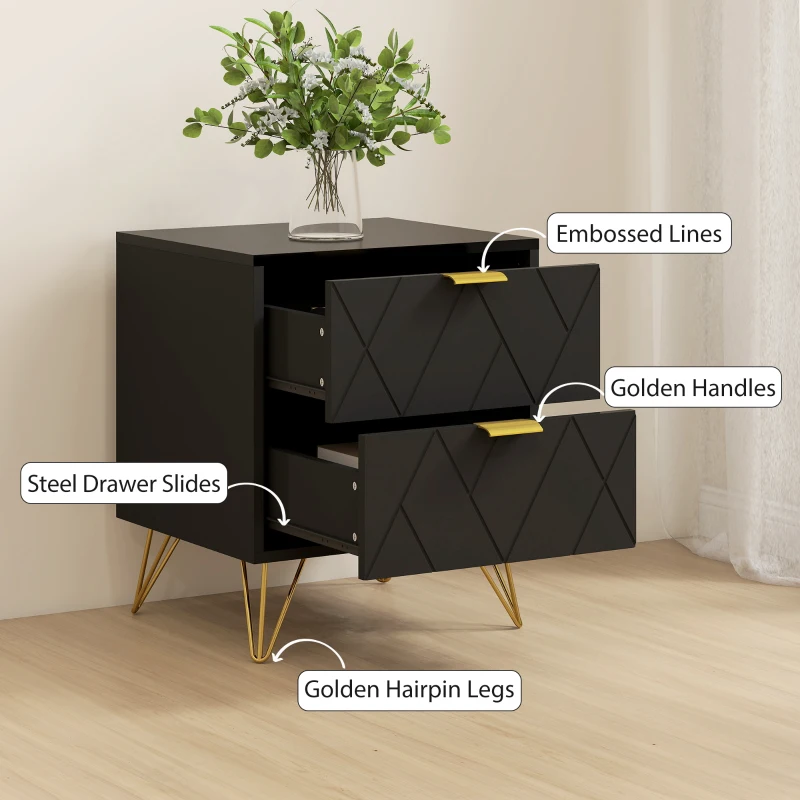 HOMCOM Modern Bedside Table, Accent Nightstand with 2 Drawers, Bed End Table for Bedroom, Black