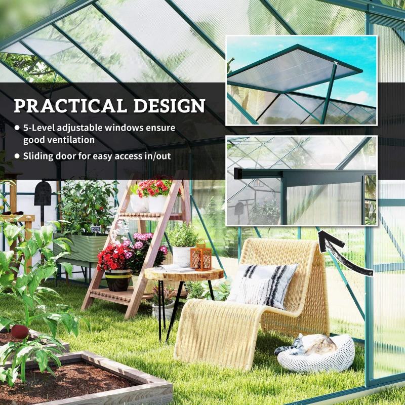 Outsunny 16' x 8' Aluminum Greenhouse Polycarbonate Walk-in Garden Greenhouse Kit with Adjustable Roof Vent, Rain Gutter and Sliding Door for Winter, Clear