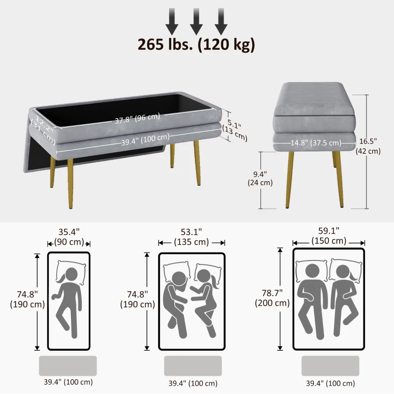 HOMCOM 39" Storage Ottoman, Velvet End of Bed Bench with Steel Legs, Foot Stool with Storage for Bedroom, Living Room
