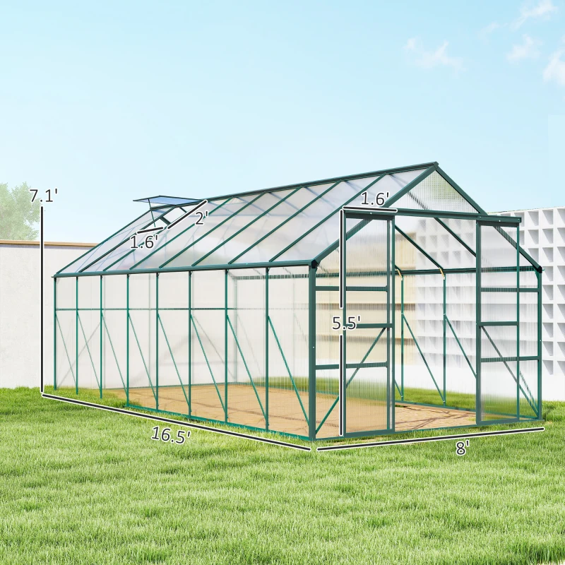 Outsunny 16' x 8' Aluminum Greenhouse Polycarbonate Walk-in Garden Greenhouse Kit with Adjustable Roof Vent, Rain Gutter and Sliding Door for Winter, Clear
