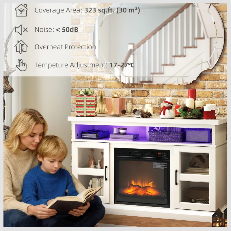 HOMCOM 48" Fireplace TV Stand for TVs Up to 55 Inches, Media Entertainment Center with 3D Flame, Adjustable Shelves, White