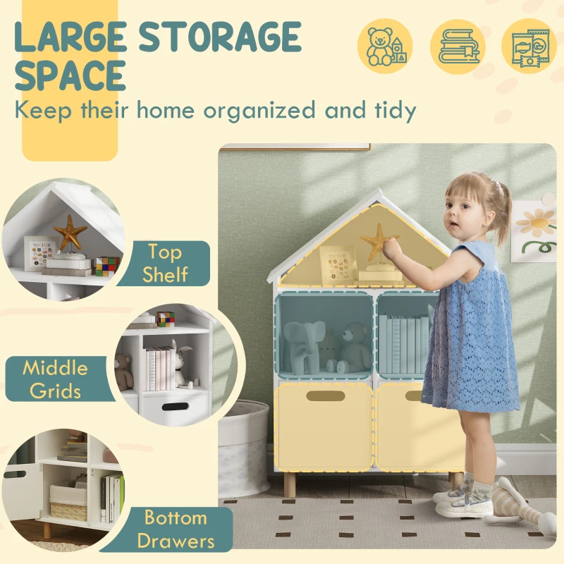 Qaba 3 Tier Kids Bookshelf with Two Drawers, for Bedroom, Kids Room, White