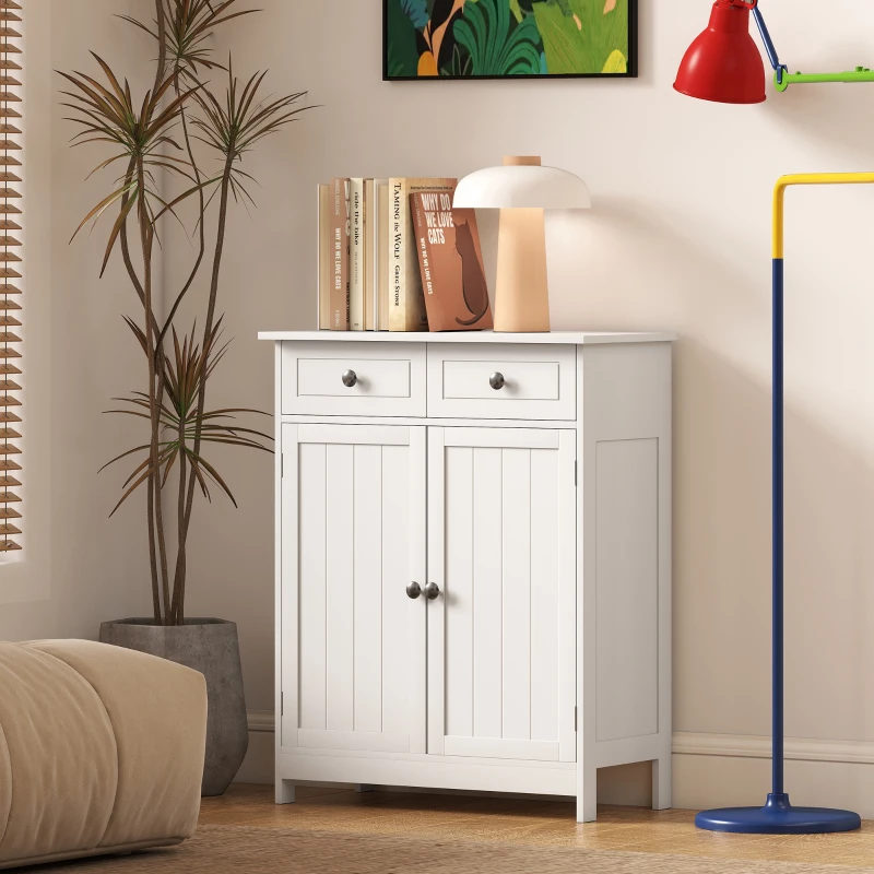 kleankin Freestanding Bathroom Floor Cabinet, Organizer Floor Tower with 2 Door, 2 Drawers, Adjustable Shelf, White