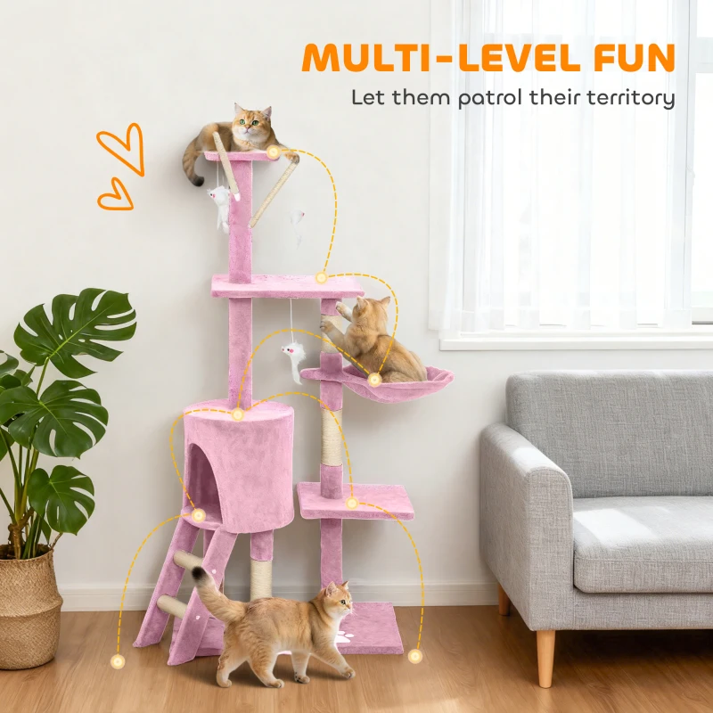 PawHut 53" Cat Tree Tower, Kitten Activity Centre with Scratching Posts, Condo, Perches, Ladder, Hammock, Dangling Toys, Pink