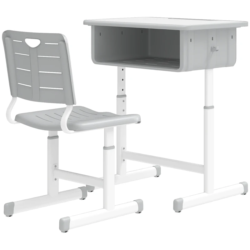 Qaba Kids Desk and Chair Set, Height Adjustable Children Study Desk and Chair with Drawer, Study Table for Bedroom, Grey