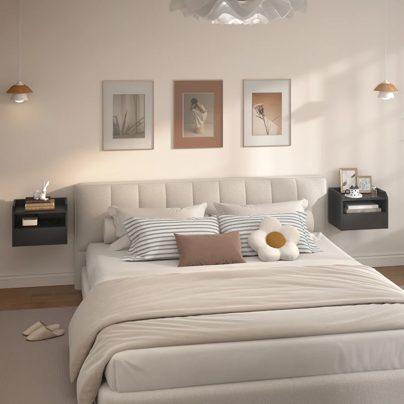 HOMCOM Wall Mounted Bedside Table, Set of 2 Floating Nightstand with Charging Station, Drawer and Open Shelf for Bedroom, Black