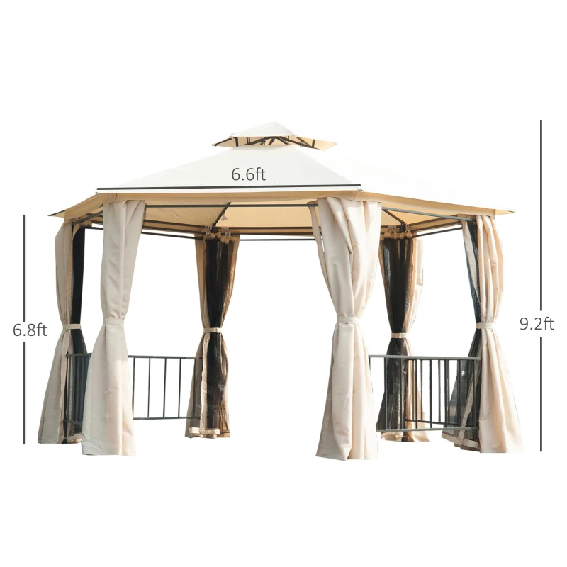 Outsunny 13' x 13' Patio Gazebo, Double Roof Hexagon Outdoor Gazebo Canopy Shelter with Netting & Curtains, Solid Steel Frame for Garden, Lawn, Backyard and Deck, Beige