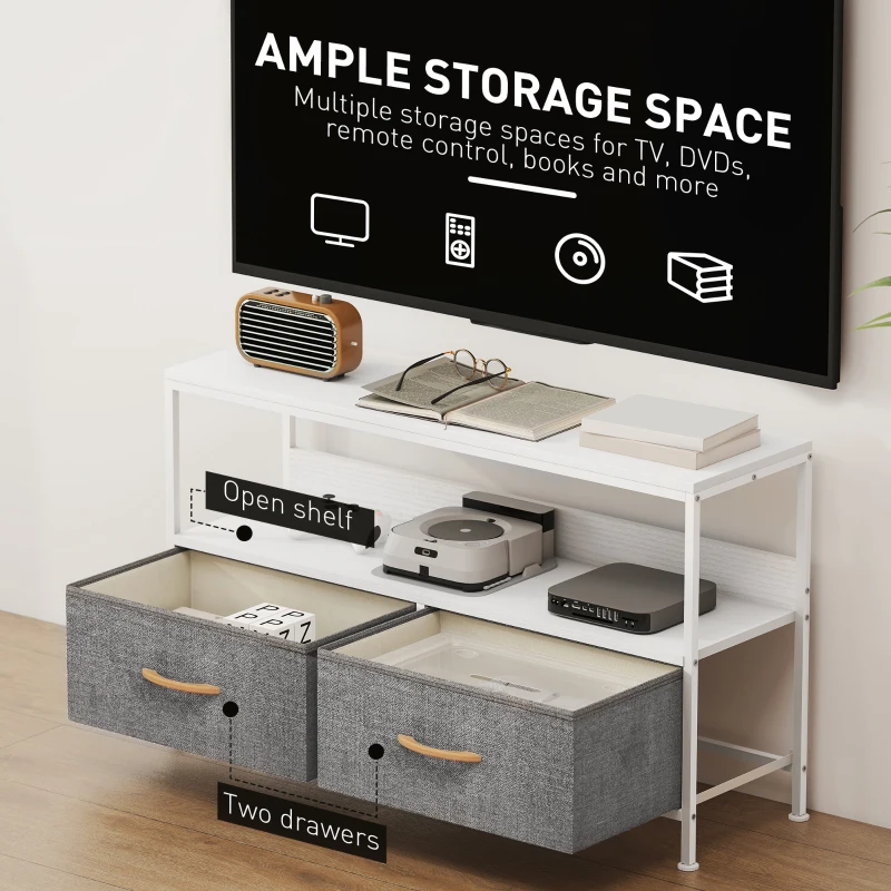 HOMCOM TV Stand with Charging Station, TV Table with 2 Foldable Linen Drawers and Open Shelf for 47 Inch Television, White