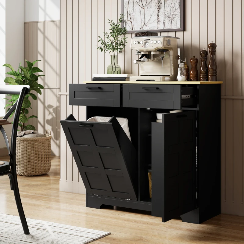 HOMCOM 7 Gallon Tilt Out Garbage Cabinet, Kitchen Island with Trash Cabinet, 2 Drawers, Door Racks, Adjustable Shelves, Black