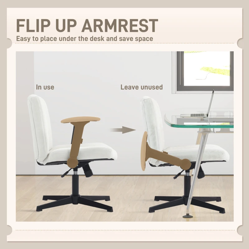 HOMCOM Criss Cross Chair with Flip-up Armrests, Wide Office Chair with Adjustable Height, Tilting, No Wheels, Beige