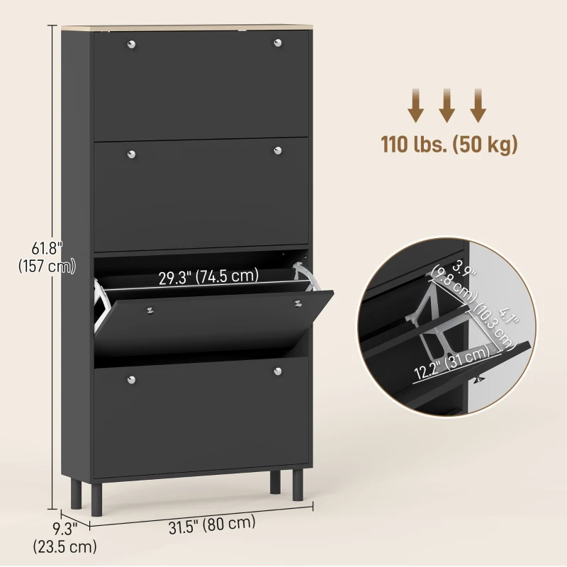 HOMCOM Narrow Shoe Cabinet with 4 Flip Drawers, Shoe Storage Cabinet with Adjustable Shelves, Holds 24–32 Pairs, Black