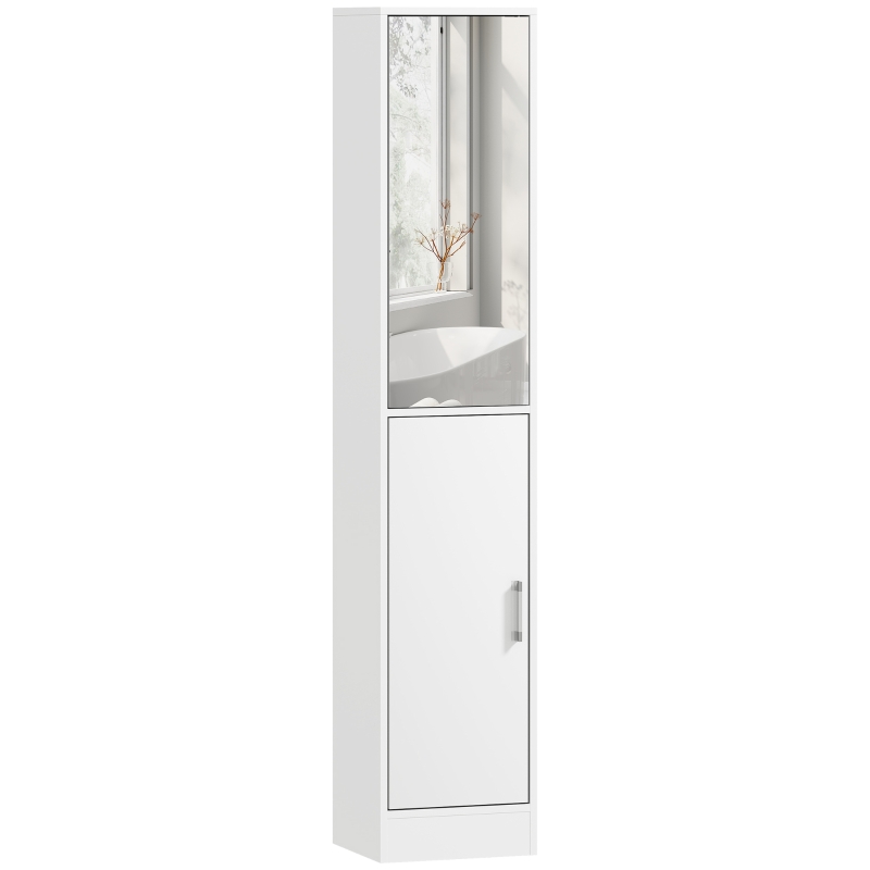 kleankin Tall Bathroom Cabinet with Mirror Narrow Bathroom Storage Cabinet with Doors Adjustable Shelves for Small Spaces White