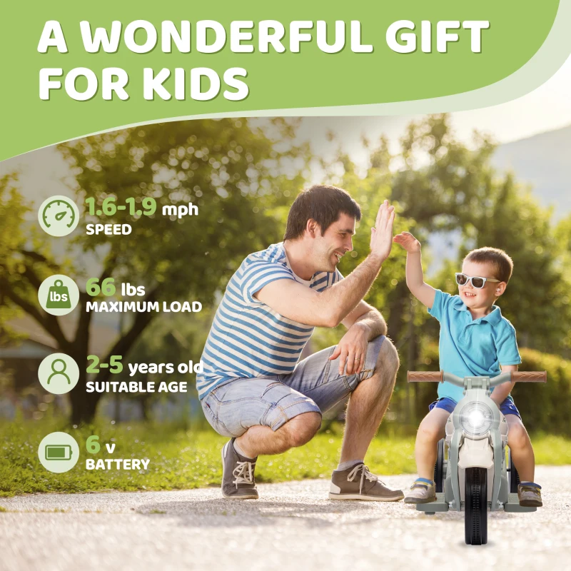 Qaba Ride On Motorcycle, 6V Ride on Bubble Car, 3 Wheeled Electric Motorcycle for Kids w/ LED Headlight, Music, Cream White