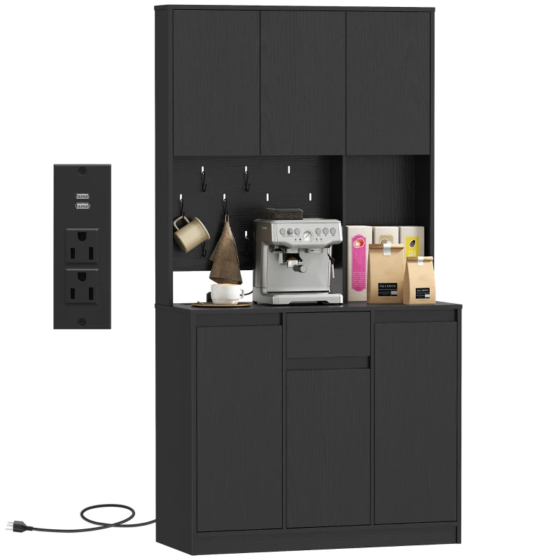 HOMCOM 71" Pantry Cabinet with Charging Station, Kitchen Storage Cabinet with Microwave Stand, Pegboard, 6 S-hooks, Black