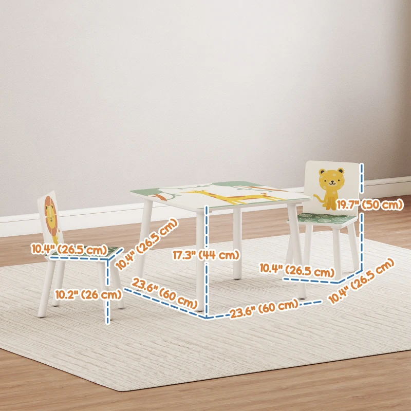 Qaba 3-Piece Kids Table and Chair Set with Animal Pattern for Boys and Girls Aged 3-8, Bedroom, Nursery, Playroom, Green