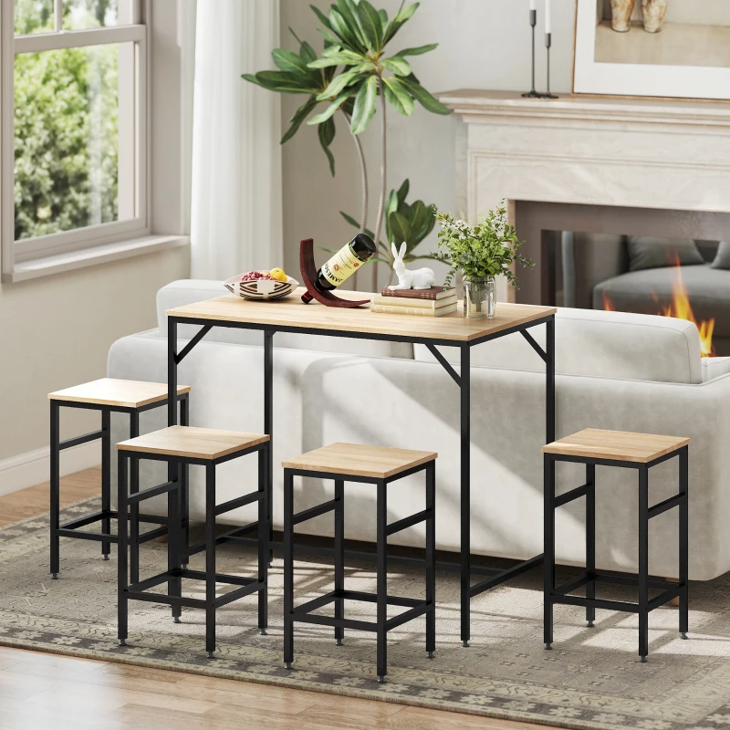 HOMCOM 5 Pieces Industrial Rectangular Bar Table Set, Dining Table Set Breakfast Table with 4 Stools for Dining Room, Kitchen, Dinette, Oak