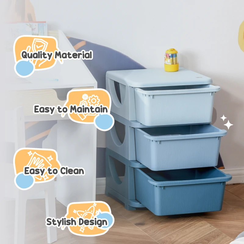 Qaba 3 Tier Kids Storage Unit, 3 Drawer Chest Toy Organizer Plastic Bins for Kids Bedroom Nursery Kindergarten Living Room for Boys Girls Toddlers, Blue