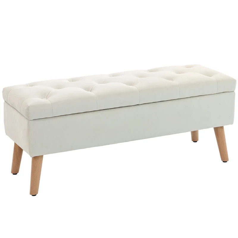 HOMCOM Storage Ottoman with Lid, Velvet Upholstered Storage Bench with Wood Legs for Living Room, Cream White
