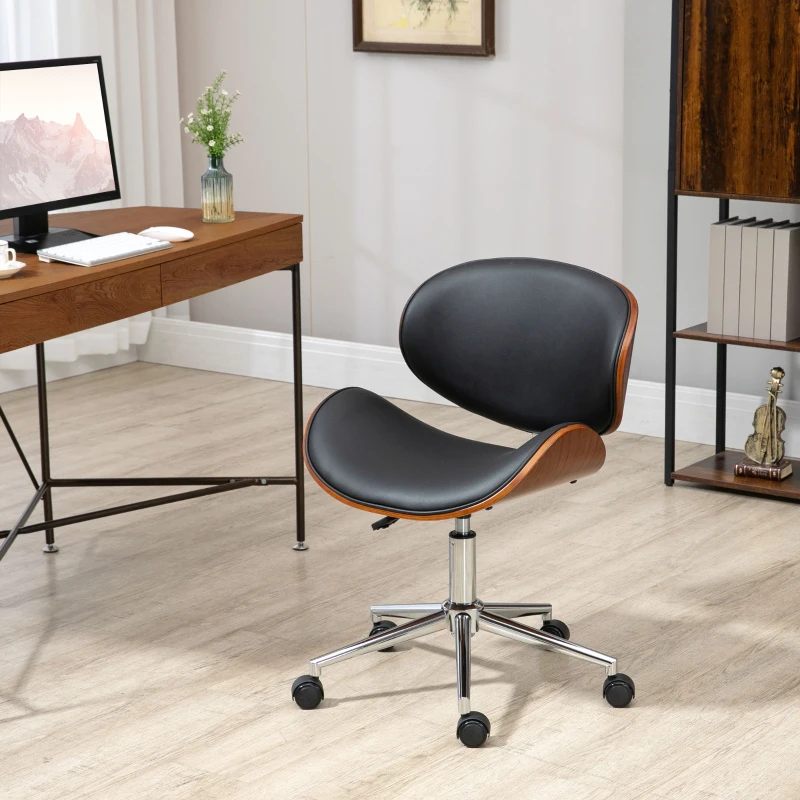 VinsettoOffice Chair, Faux Leather and Bentwood Computer Desk Chair with 360 Degree Swivel Wheels, Adjustable Height and Curved Seat, Black
