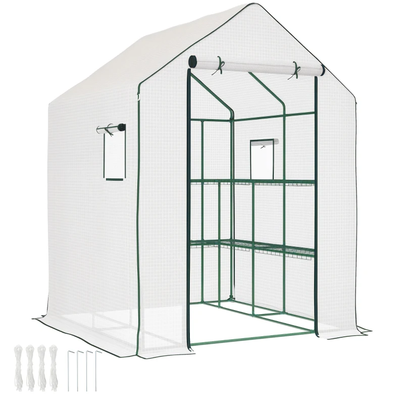 Outsunny 4.6' x 4.7' Portable Greenhouse, Water/UV Resistant Walk-In Small Outdoor Green House with 2 Tier U-Shaped Flower Rack Shelves, Roll Up Door & Windows, White