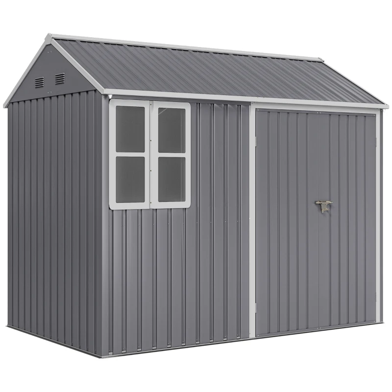 Outsunny 8' x 5.5' Metal Garden Storage Shed, Extra Large Outdoor Tool Storage House w/Lockable Doors, Window, Air Vents, Gray