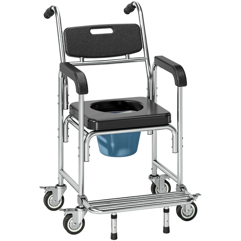 HOMCOM 3-in-1 Shower Commode Wheelchair, Transport Beside Commode Chair with Padded Seat for the Elderly, Disabled