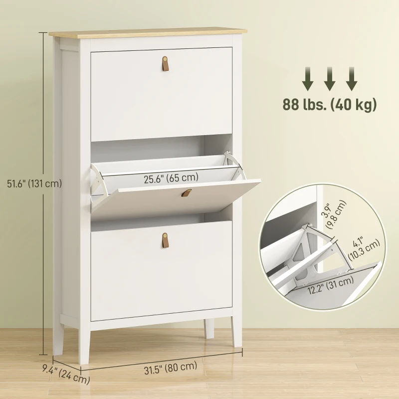 HOMCOM Narrow Shoe Cabinet with 3 Flip Drawers, Adjustable Shelves for Entryway, Holds 15-21 Pairs, White