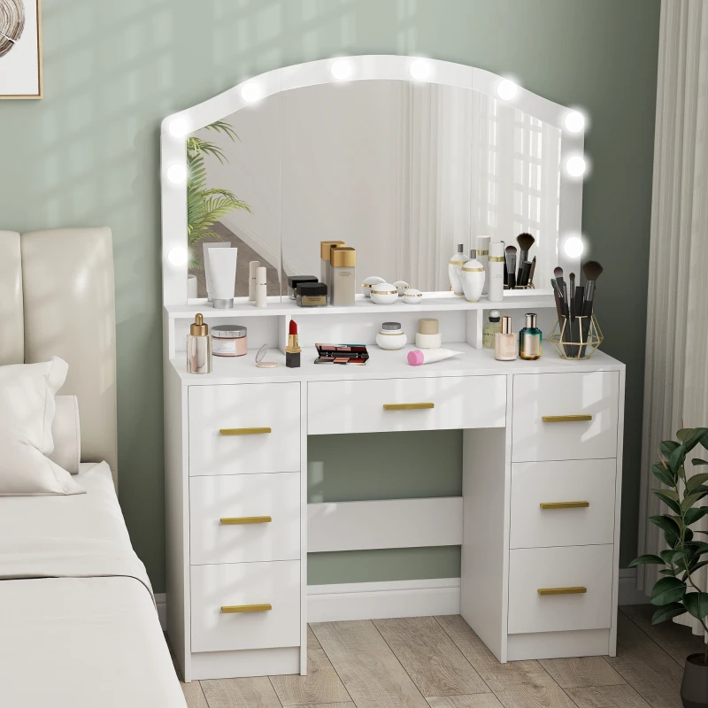 HOMCOM Makeup Vanity with Mirror and 10 LED Lights, 3 Colour Adjustable, Dressing Table with 7 Drawers, 3 Compartments, White
