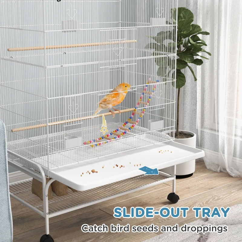 PawHut 52" Bird Cage with Rolling Stand, Toys, for Budgies Canaries White