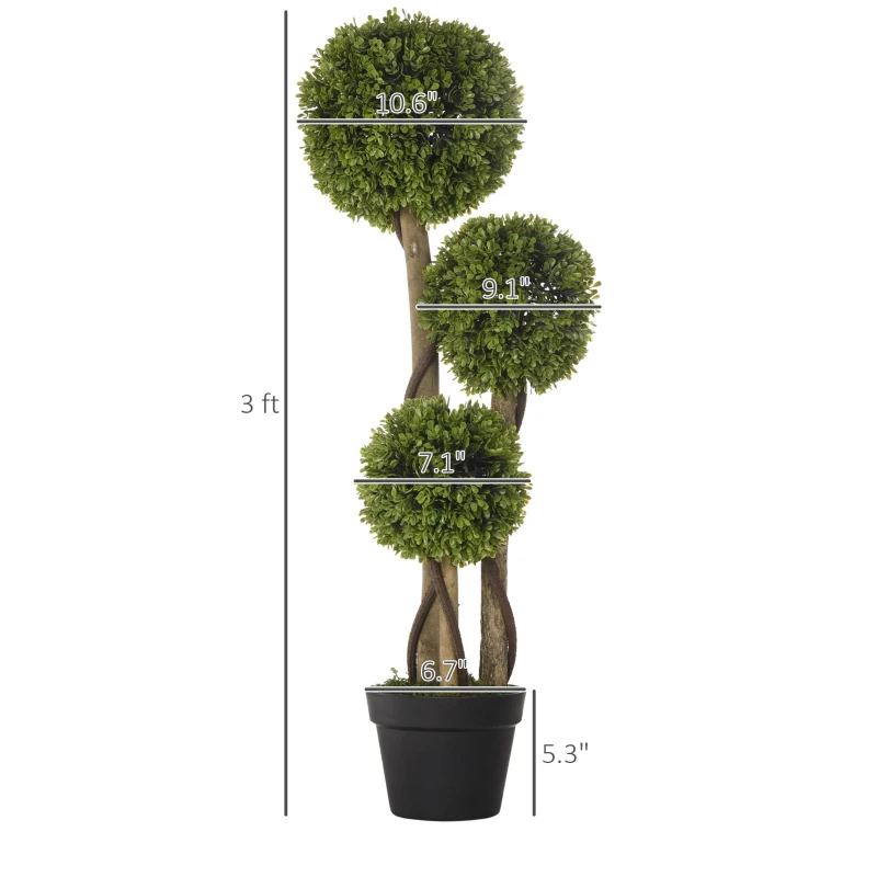 HOMCOM 35.5" Artificial Ball Boxwood Topiary Tree Fake Plant in Pot for Indoor Outdoor Living Room Decoration Light Green