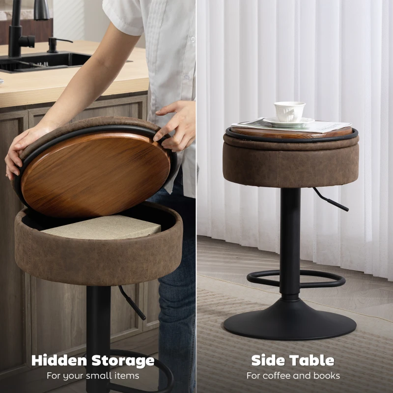 HOMCOM Set of 2 Barstools with Storage, Swivel Bar Stools with PU Leather Upholstered, Footrest, Steel Base, Brown