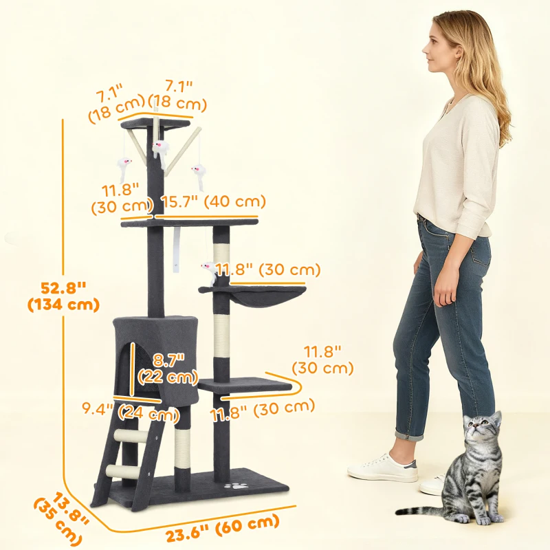 PawHut 53" Cat Tree Tower, Kitten Activity Centre with Scratching Posts, Condo, Perches, Ladder, Hammock, Dangling Toys, Dark Grey