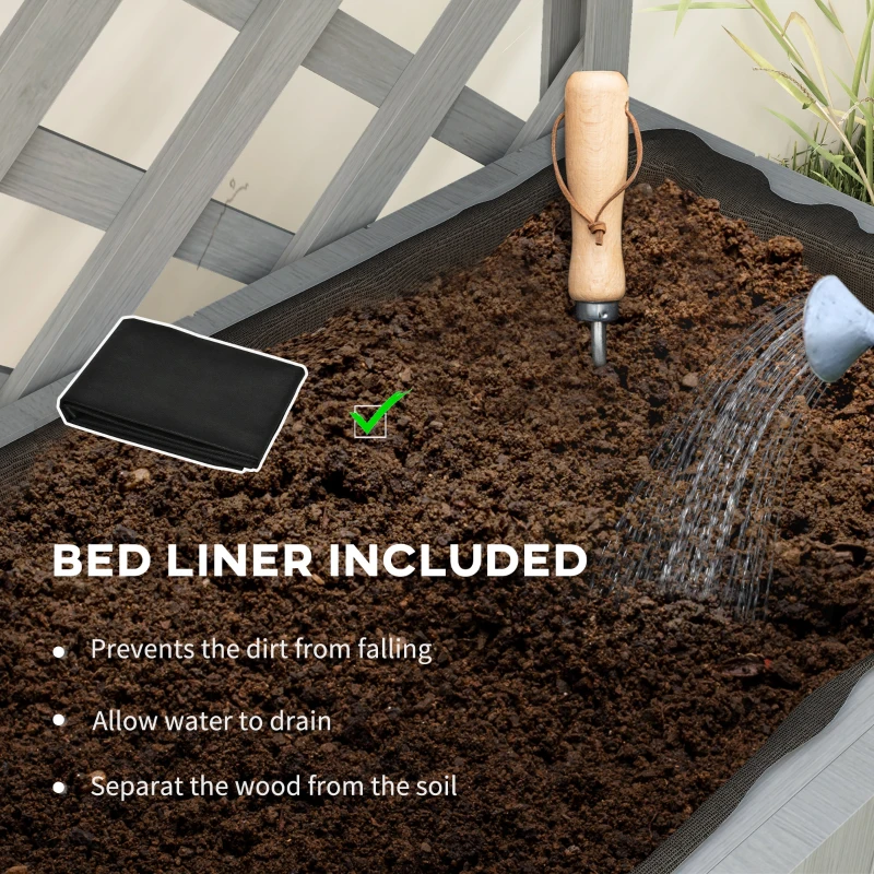 Outsunny Raised Garden Bed, Wooden Planter with Trellis, Hanging Roof, Plant Shelf, Drainage Holes and Bed Liner, Grey