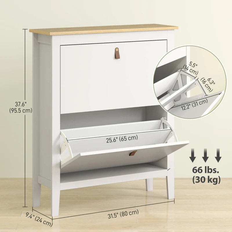 HOMCOM Narrow Shoe Cabinet with 2 Flip Drawers, Adjustable Shelves for Entryway, Holds 10-14 Pairs, White