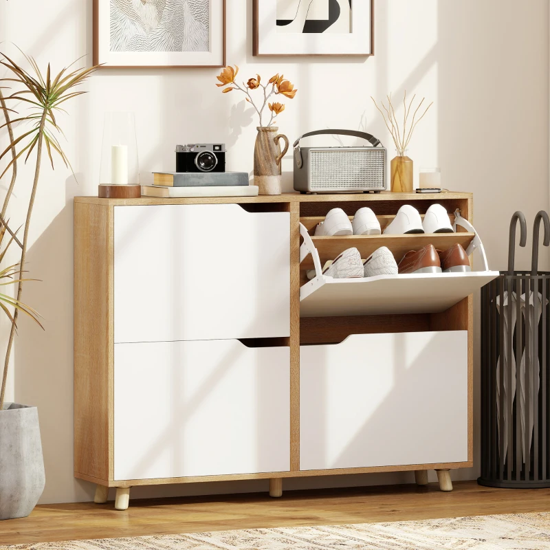 HOMCOM Narrow Shoe Cabinet, Shoe Storage Cabinet with 4 Flip Drawers and Adjustable Shelves for 16 Pairs of Shoes, Natural