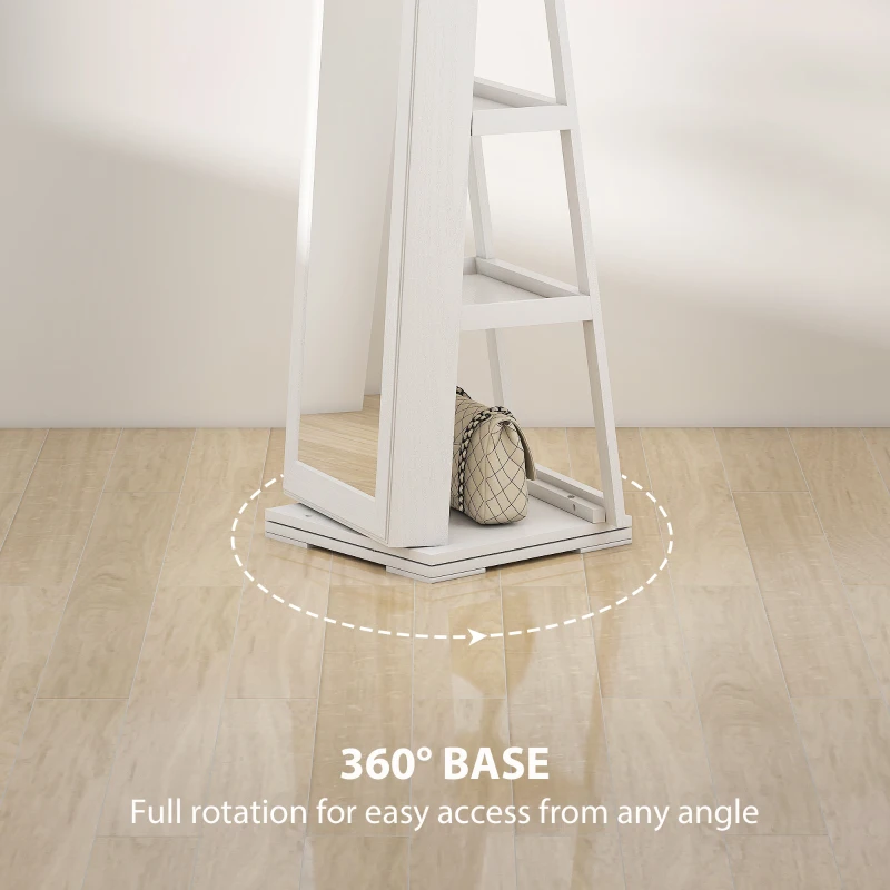 HOMCOM 360° Swivel Jewelry Armoire, Lockable Mirror Jewelry Cabinet with Built-In Small Mirror, White