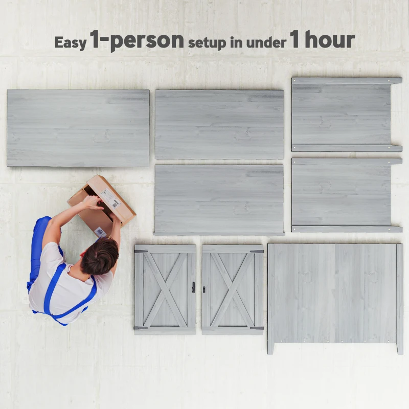 Outsunny Wooden Outdoor Storage Cabinet, Garden Shed Potting Shed with Shelf and Double Doors, Light Gray