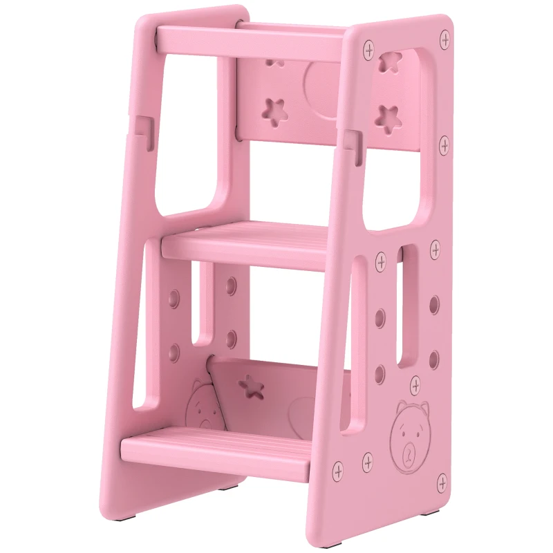 Qaba Toddler Kitchen Helper 2 Step Stool with Adjustable Height Platform and Safety Rail, Pink