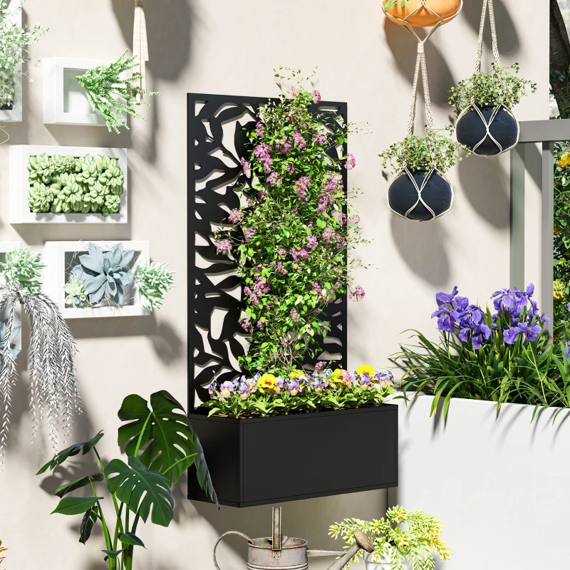 Outsunny Raised Garden Bed with Trellis, Outdoor Privacy Screen with Planter Box, 24" x 9.1" x 44.5", Black