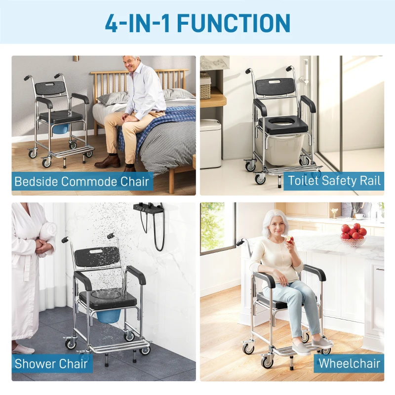 HOMCOM 3-in-1 Shower Commode Wheelchair, Transport Beside Commode Chair with Padded Seat for the Elderly, Disabled