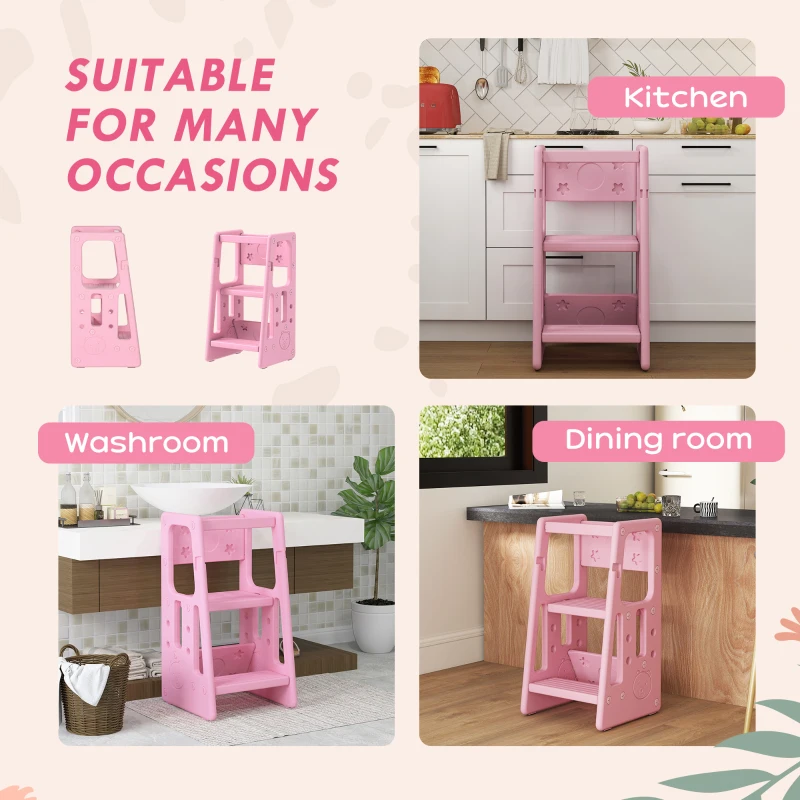 Qaba Toddler Kitchen Helper 2 Step Stool with Adjustable Height Platform and Safety Rail, Pink