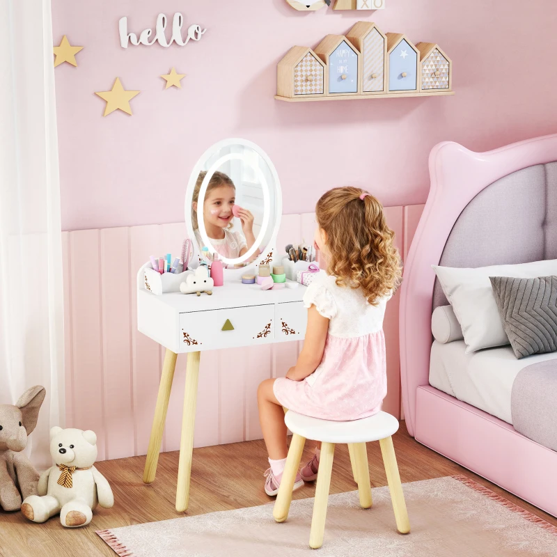 Qaba Kids Vanity Set with Mirror, Stool, 3-Colour LED Lights, Girls Dressing Table Pretend Play for Kids Room, Pink
